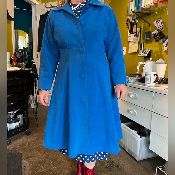 Vintage 50’s Coat in Royal Blue Single breasted Pin up style Size L Classy - Picture 1 of 13